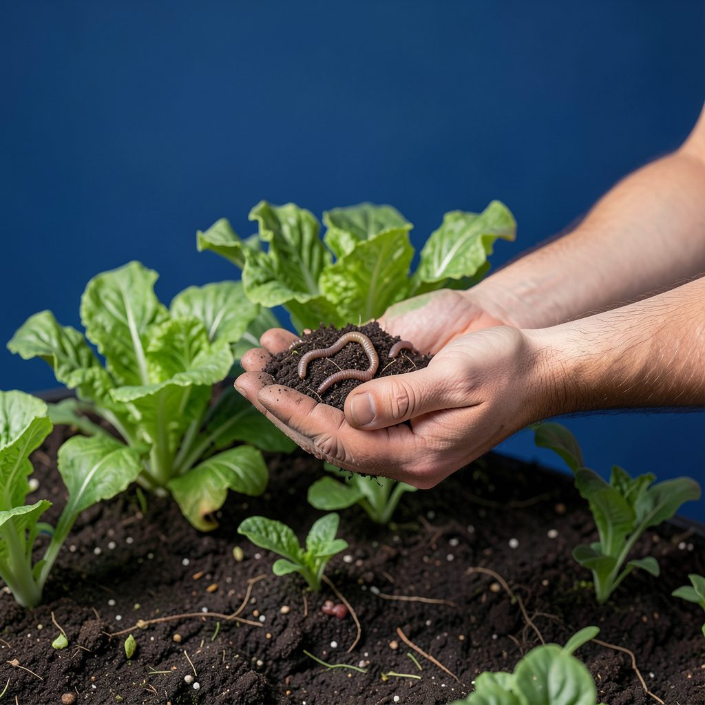 Manos de un estudiante sosteniendo tierra fértil con lombrices, sobre un cantero de cultivo con plantas de lechuga en crecimiento.