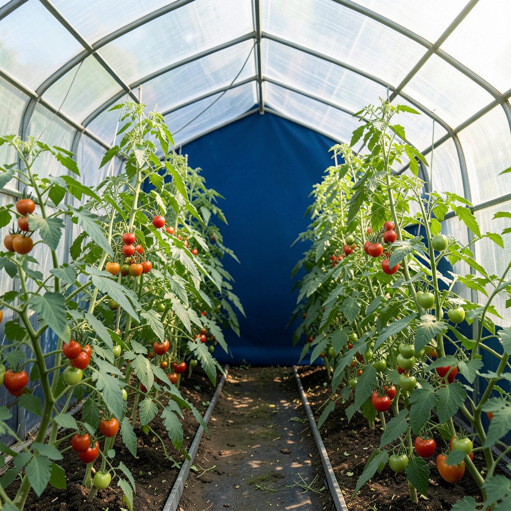 Interior de un invernadero con plantas de tomate en hileras, hojas verdes vigorosas y luz solar difusa filtrándose a través del plástico translúcido.