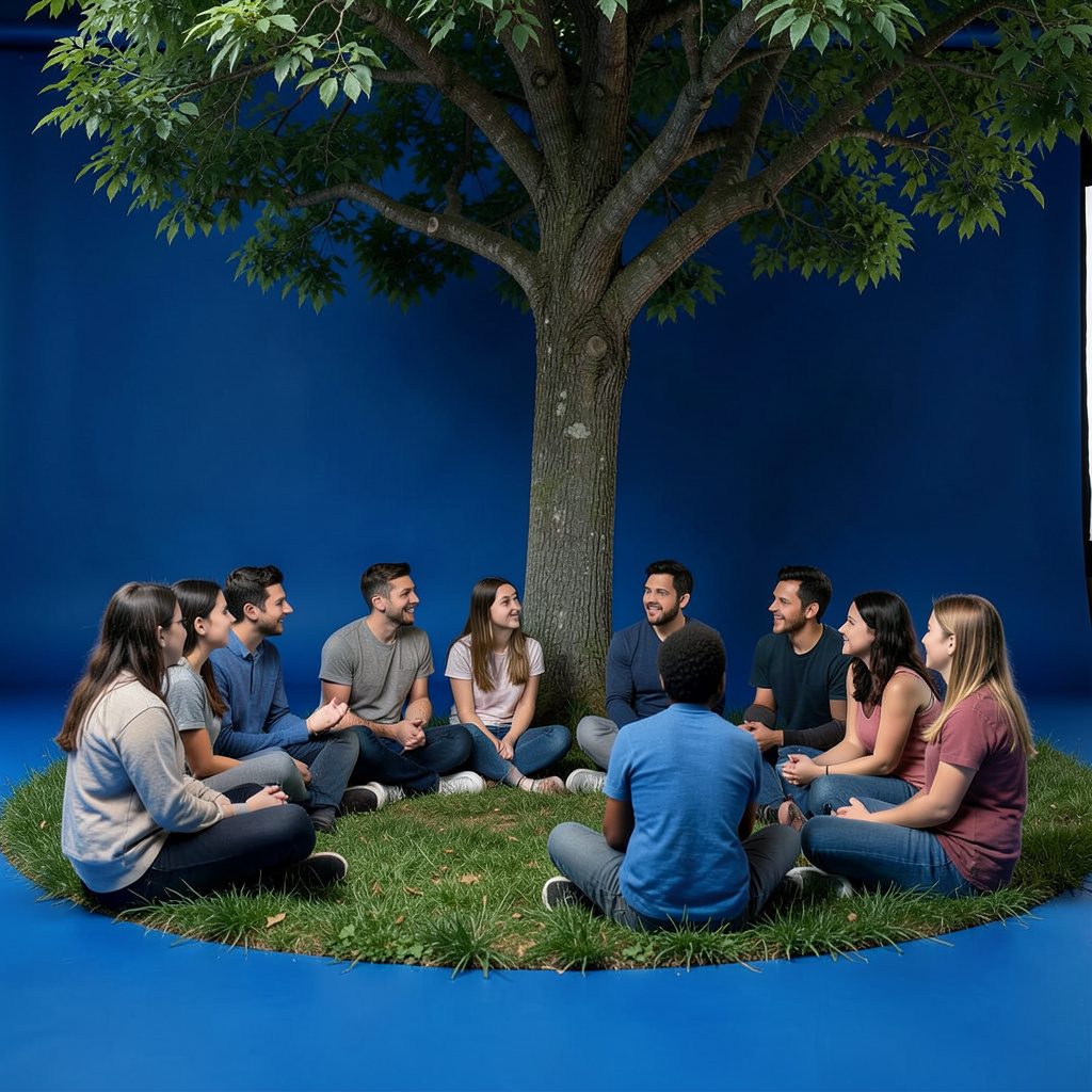Grupo de estudiantes sentados en círculo sobre el pasto bajo la sombra de un árbol, conversando en un ambiente de respeto y escucha.