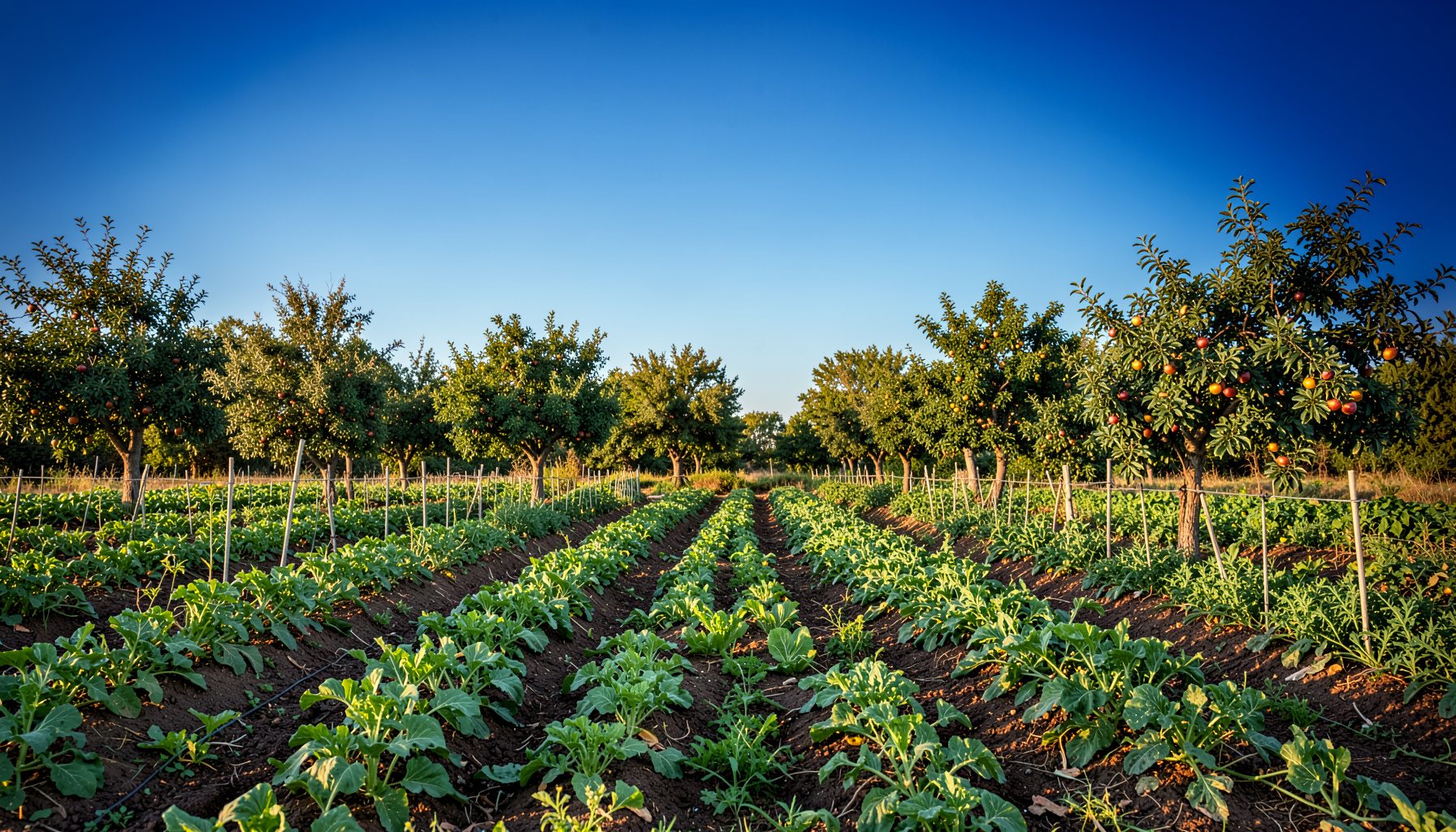 Vista panorámica de un huerto agroecológico con hileras de cultivos verdes, árboles frutales al fondo y cielo azul despejado, bajo una luz natural cálida de media mañana.