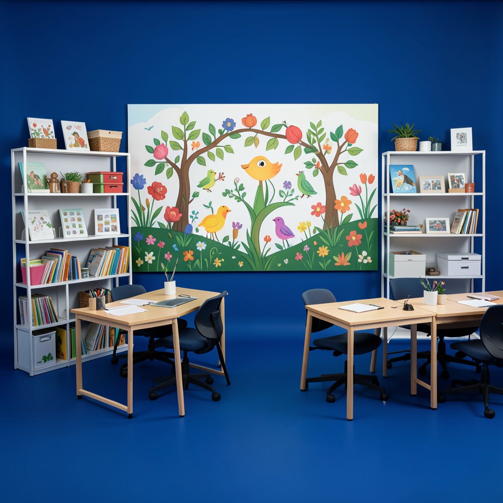 Aula luminosa con mesas de trabajo colaborativo, estanterías con materiales didácticos y un mural colorido sobre el ciclo de la naturaleza.