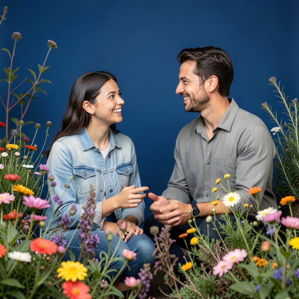 Estudiante y docente conversando en un entorno de jardín, rodeados de flores silvestres y arbustos nativos, con expresión de confianza y cercanía.