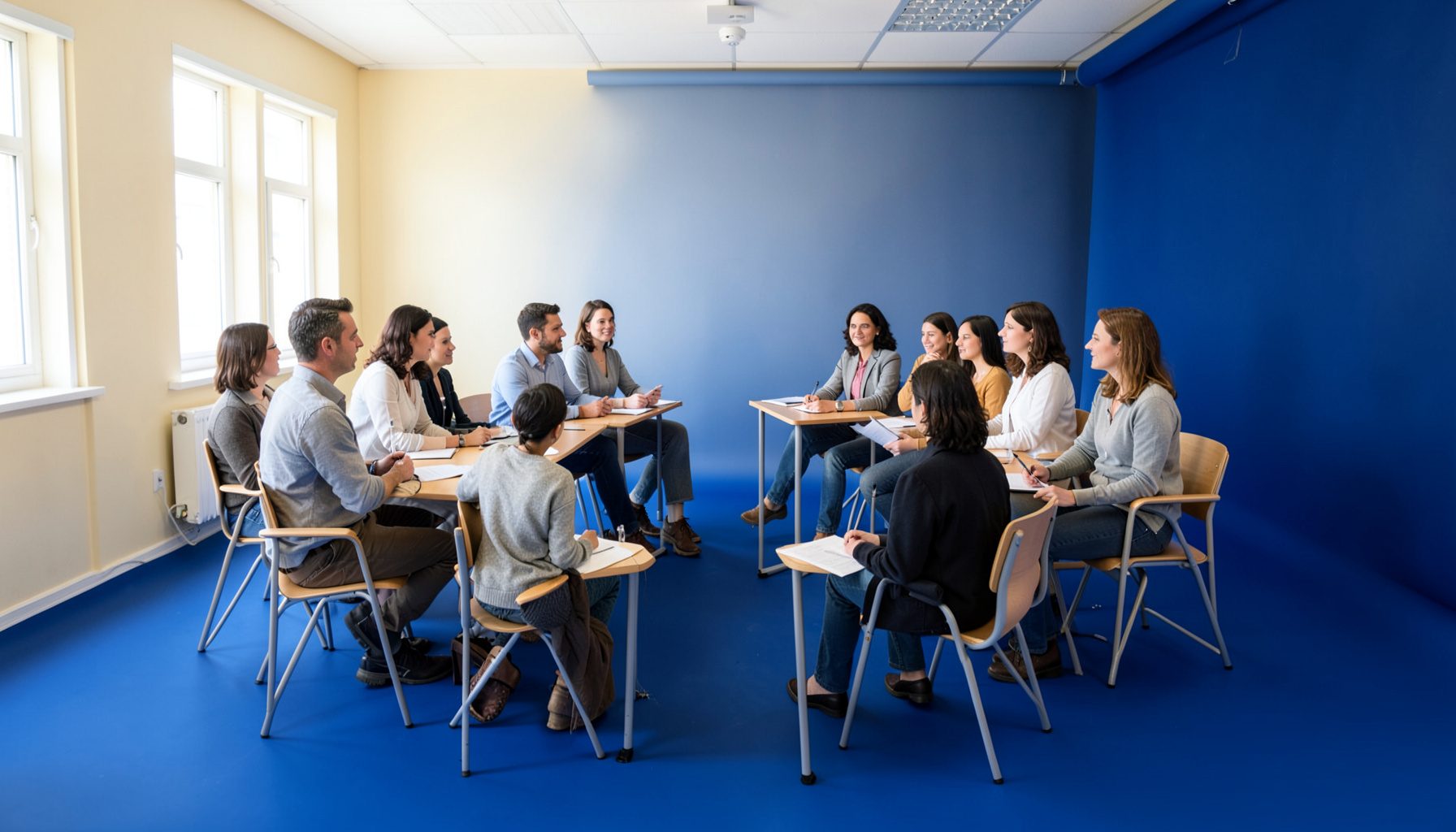 Salón de clases luminoso con profesores reunidos en círculo, paredes color crema, luz natural amplia, ambiente sereno y colaborativo.