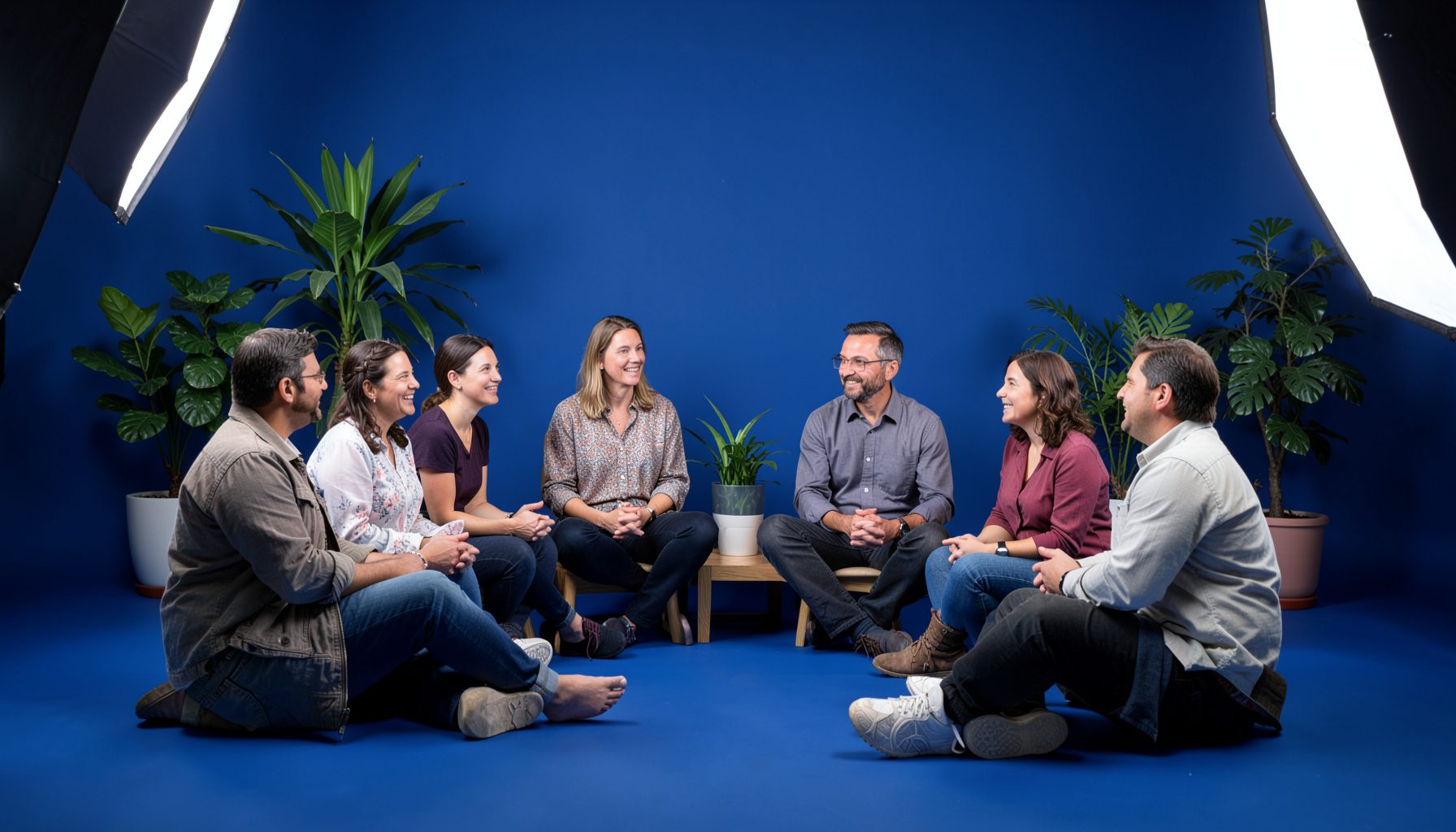 Grupo diverso de personas sentadas en círculo en una sala luminosa con plantas, dialogando en un ambiente de respeto y escucha.