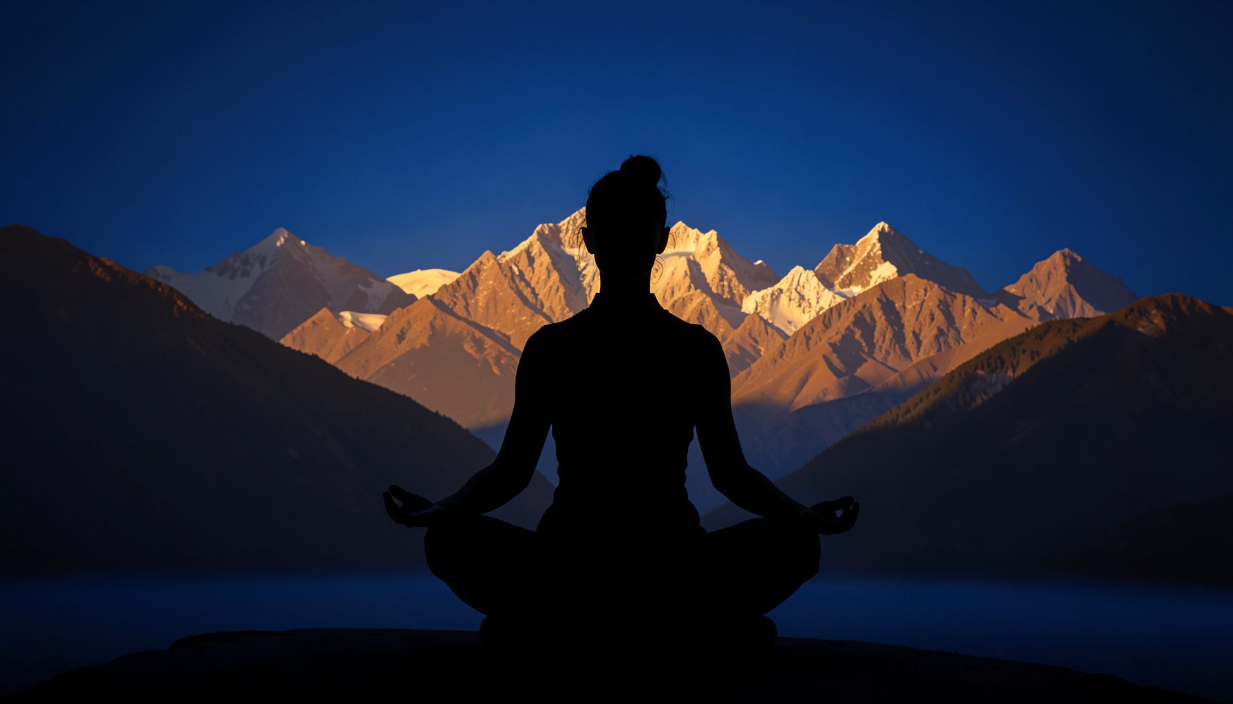 Silueta de una persona meditando frente a un paisaje montañoso con luz cálida de amanecer, tonos tierra y dorados suaves.