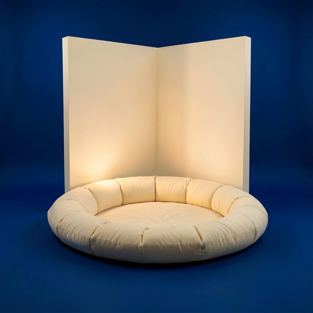 Espacio de meditación con cojines en círculo, luz tenue y cálida, paredes en tonos crema, atmósfera de calma y recogimiento