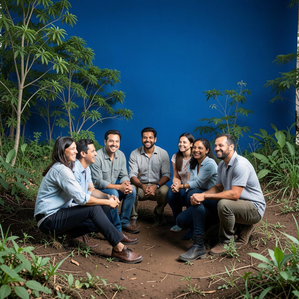 Grupo de docentes en círculo de estudio al aire libre, rodeados de vegetación nativa, luz natural suave, tonos verdes y tierra