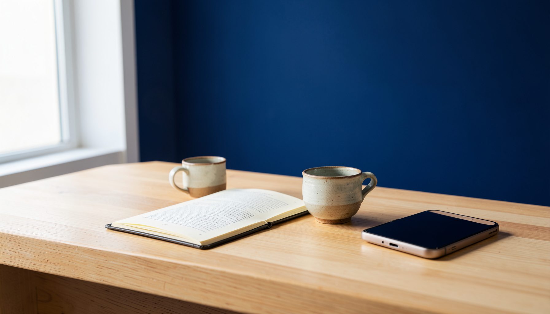Escritorio de madera clara con un cuaderno abierto, una taza de cerámica artesanal y un teléfono, iluminado por luz natural suave que entra por una ventana, atmósfera serena y acogedora