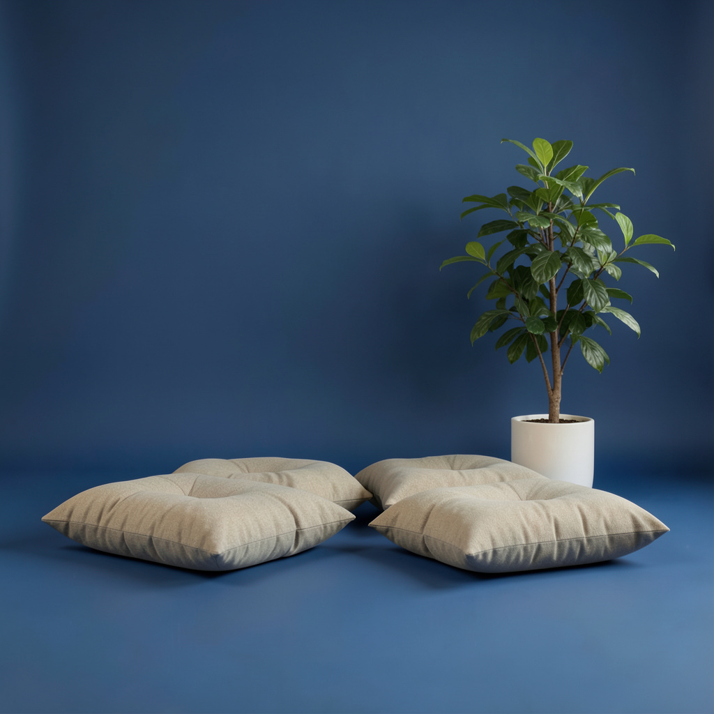 Espacio de meditación con cojines en el suelo, luz natural tenue y una planta verde, atmósfera de calma y reflexión